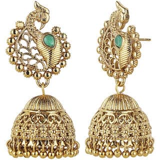 Traditional Peacock Dome Jhumki Golden Green Alloy Brass Copper Earrings for Women's Fashion Jewelry view 2