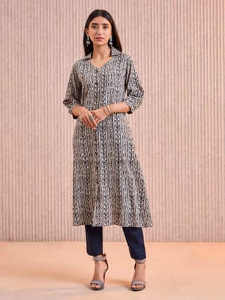 Light Grey Cotton Printed Flared Kurti