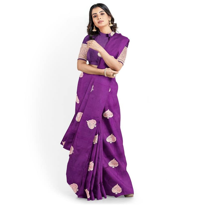 Purple Color Big Thilagam Copper Zari Butta Saree with Unstitched Blouse view 3