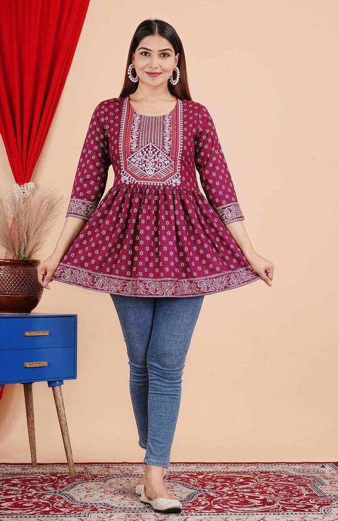 MANMAYEE Indian Tunic Tops Women's Rayon Foil Work Printed Short Round Top | Short Top view 3