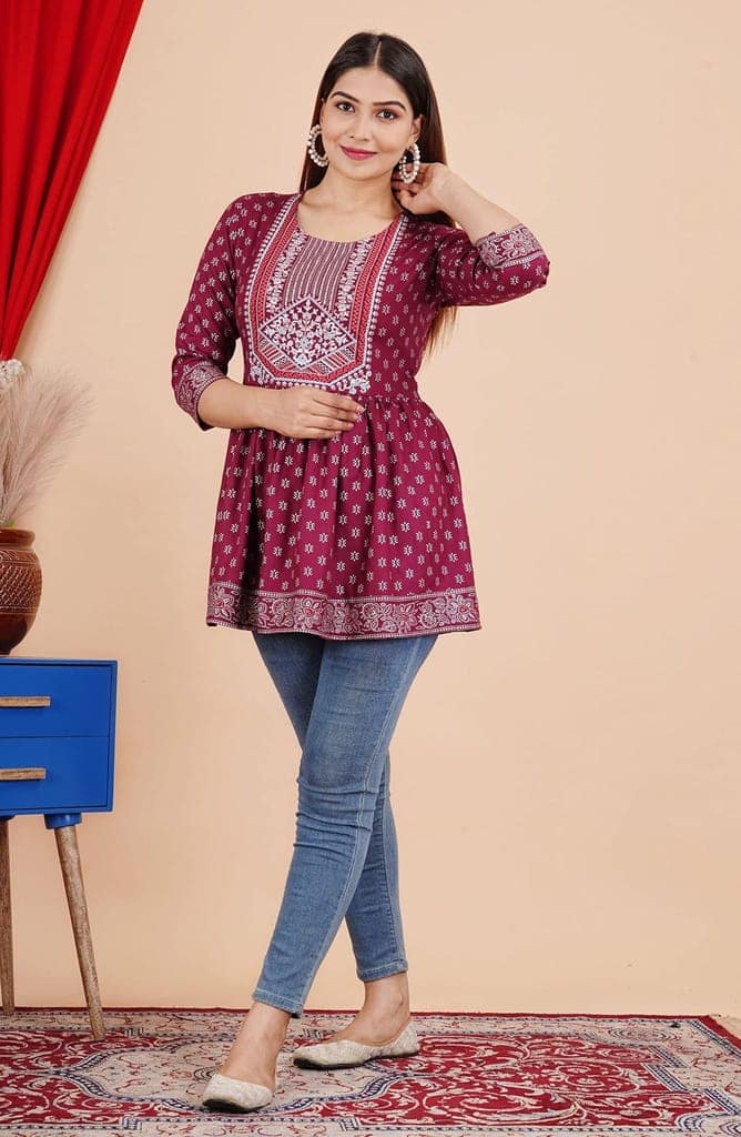 MANMAYEE Indian Tunic Tops Women's Rayon Foil Work Printed Short Round Top | Short Top view 4