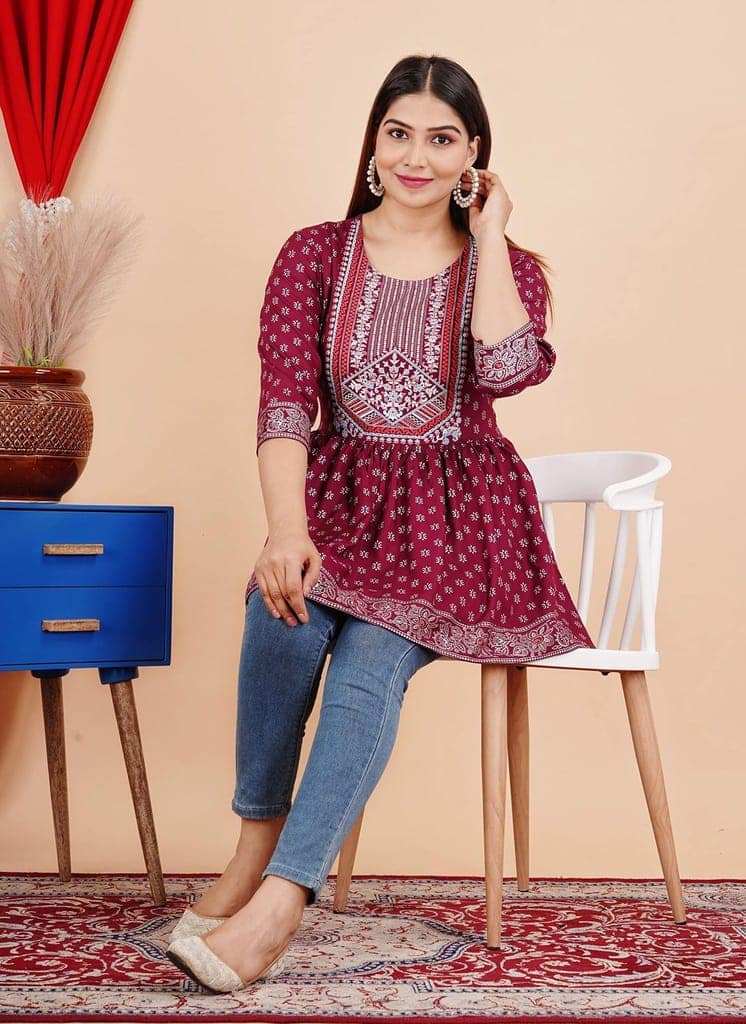 MANMAYEE Indian Tunic Tops Women's Rayon Foil Work Printed Short Round Top | Short Top view 8