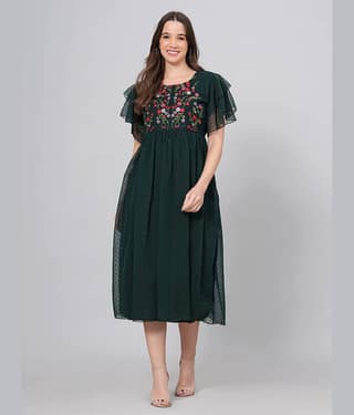 HIGHLIGHT FASHION EXPORT Women Crepe Printed Fit & Flare Dress ( Pink )