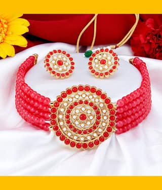 Sukkhi Alloy Red Traditional Necklaces Set Choker