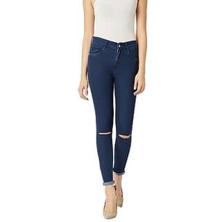 Miss Chase Women's Navy Blue Skinny Fit High Rise Regular Length Clean Look Knee Slit Denim Stretchable Jeans