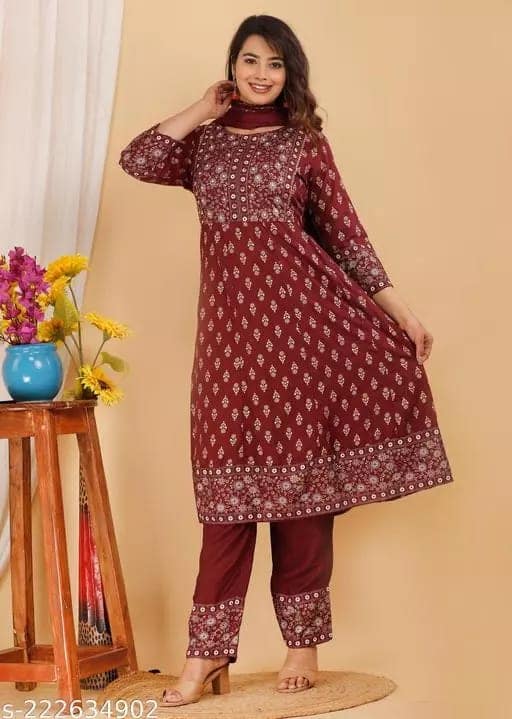 Women Cotton Rayon Printed Anarkali Kurti With Beautifull Hand Work Design Along With Pant And Dupatta With Lace Border view 3
