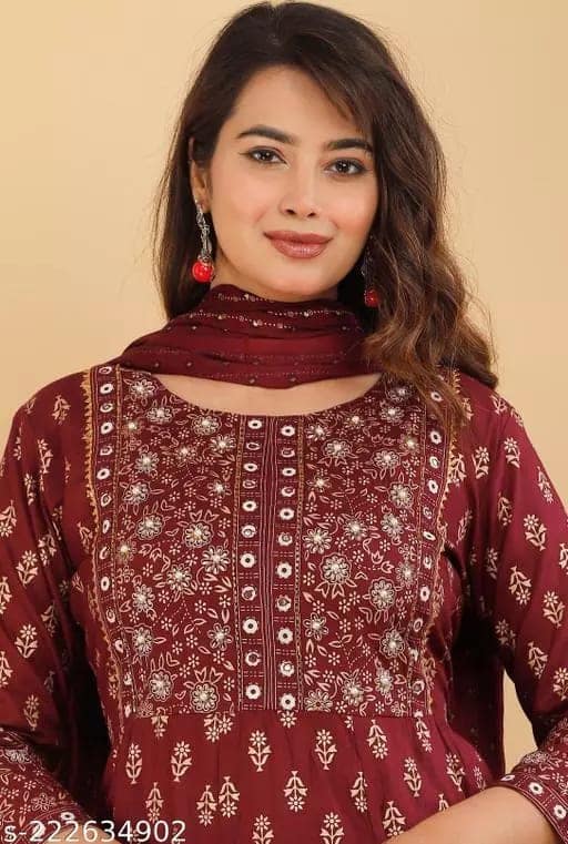 Women Cotton Rayon Printed Anarkali Kurti With Beautifull Hand Work Design Along With Pant And Dupatta With Lace Border view 4