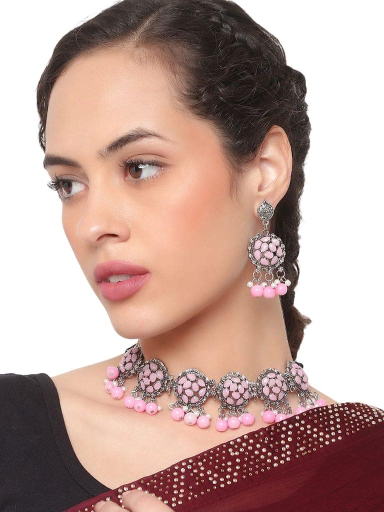 Cardinal Oxidized Silver Color Pink Stone Choker Necklace Set view 2