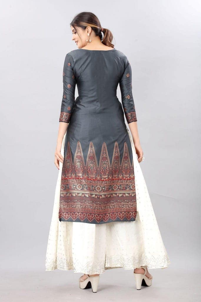 Grey-God Toned Unstitched Woven Design Dress Material view 2
