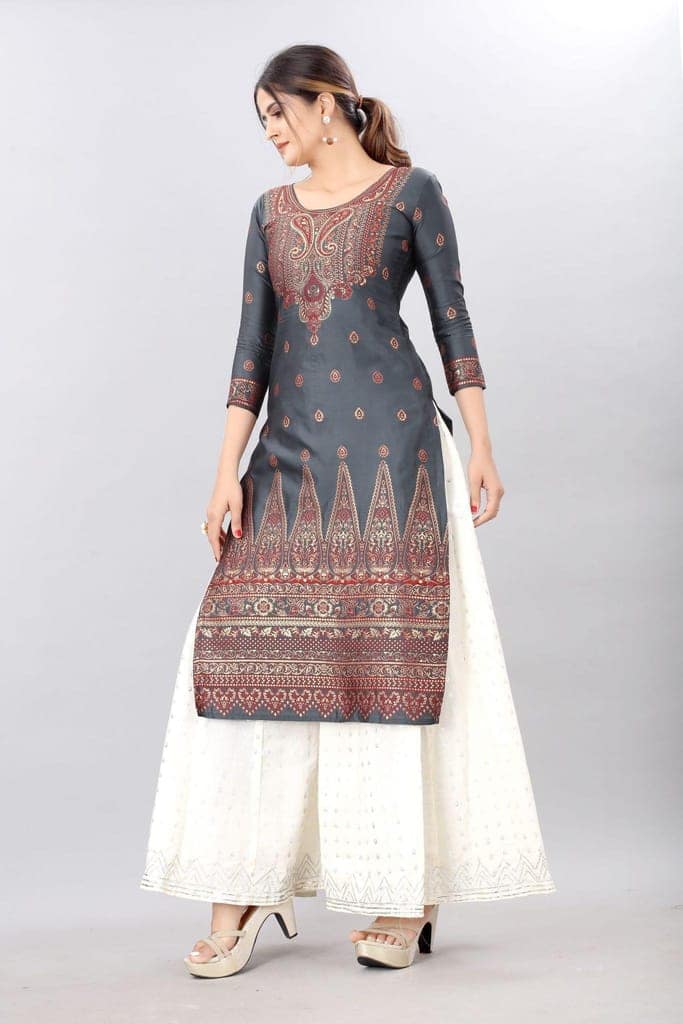 Grey-God Toned Unstitched Woven Design Dress Material view 3