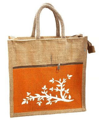 Stylish Jute Tote Bag with Orange Floral Pocket & Zipper - Eco-Friendly Reusable