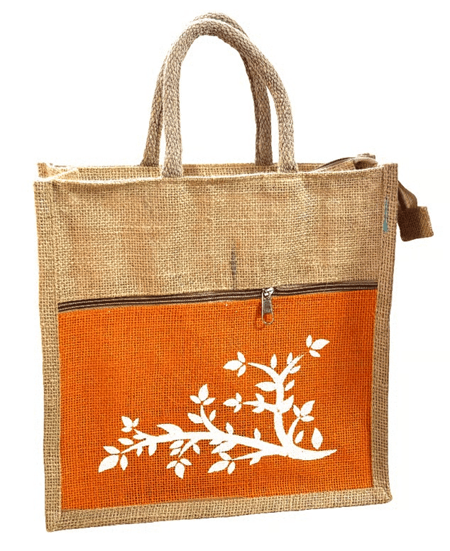 Stylish Jute Tote Bag with Orange Floral Pocket & Zipper - Eco-Friendly Reusable
