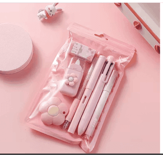 7 Pcs Cute Stationery Set – Ballpoint Pens, Pencil Sharpener, Highlighter, Correction Tape, Ruler & Utility Knife (Kawaii School & Office Supplies)