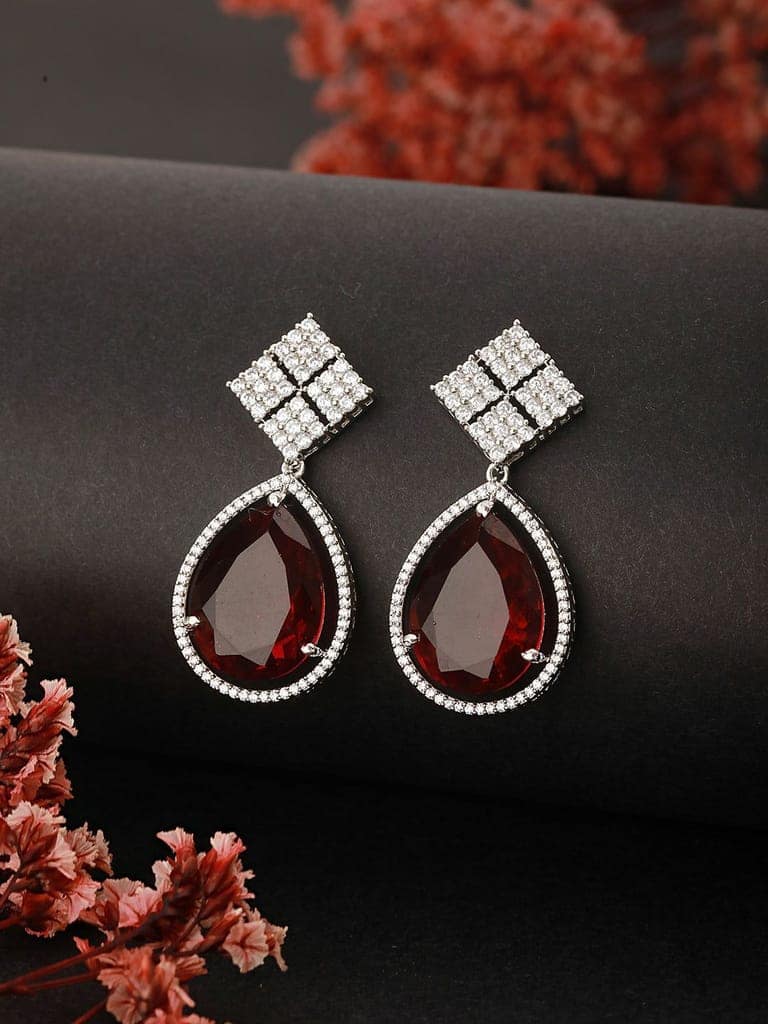 Silver Plated Red AD Studded Geometric Drop Designer Earrings view 2