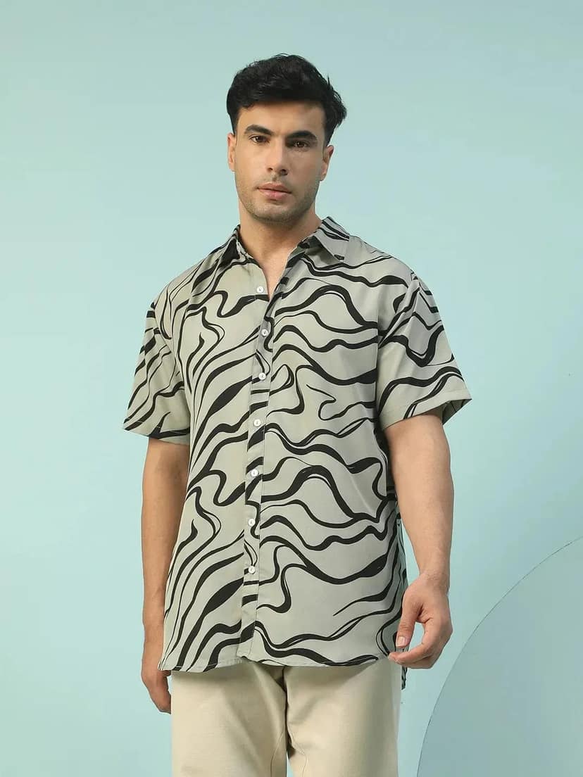 Alpha Green Swril Print Collared Short Sleeve Men Oversized Shirt