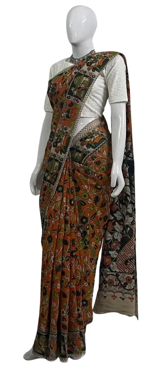 Kalamkari Cotton Saree Rust Orange Elephant Pallu view 2