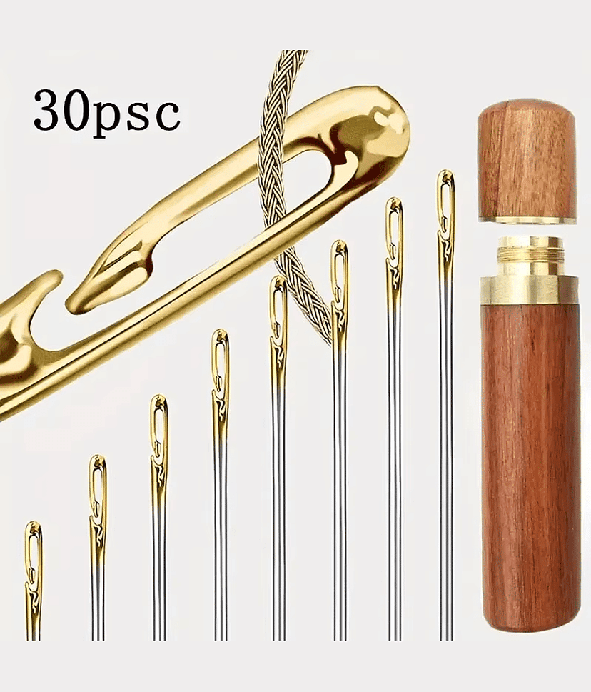30PCS Easy Self-Threading Quilting Needles Set with Wooden Storage Case – Long Needles for Hand Sewing, Embroidery & DIY Crafting
