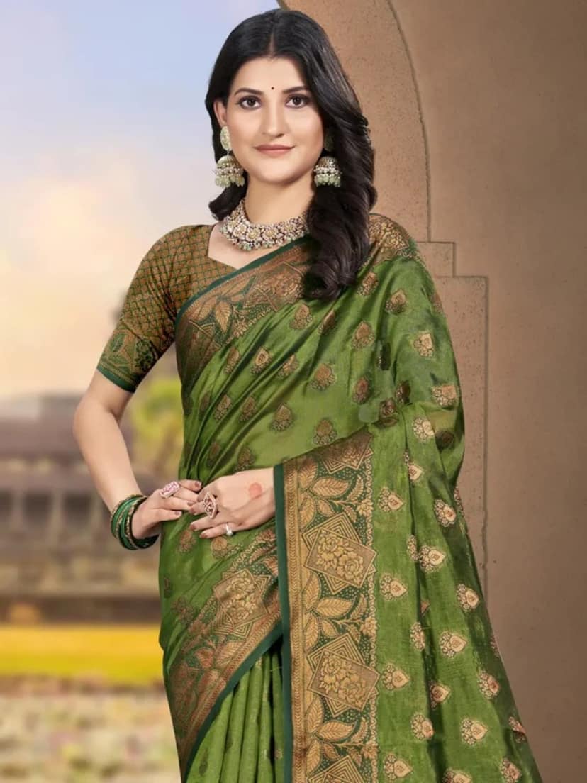 Olive Green Silk Saree view 2