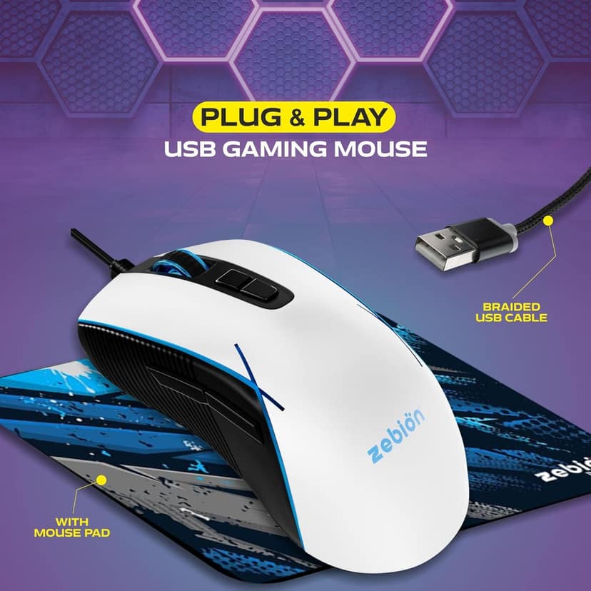 Zebion War Byte Gaming Mouse with RGB Lighting - White Black view 2