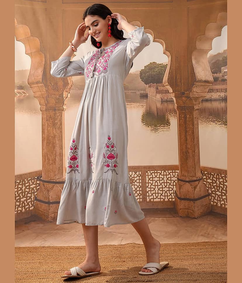 Vishudh Women Viscose A-line Dress ( Grey ) view 4