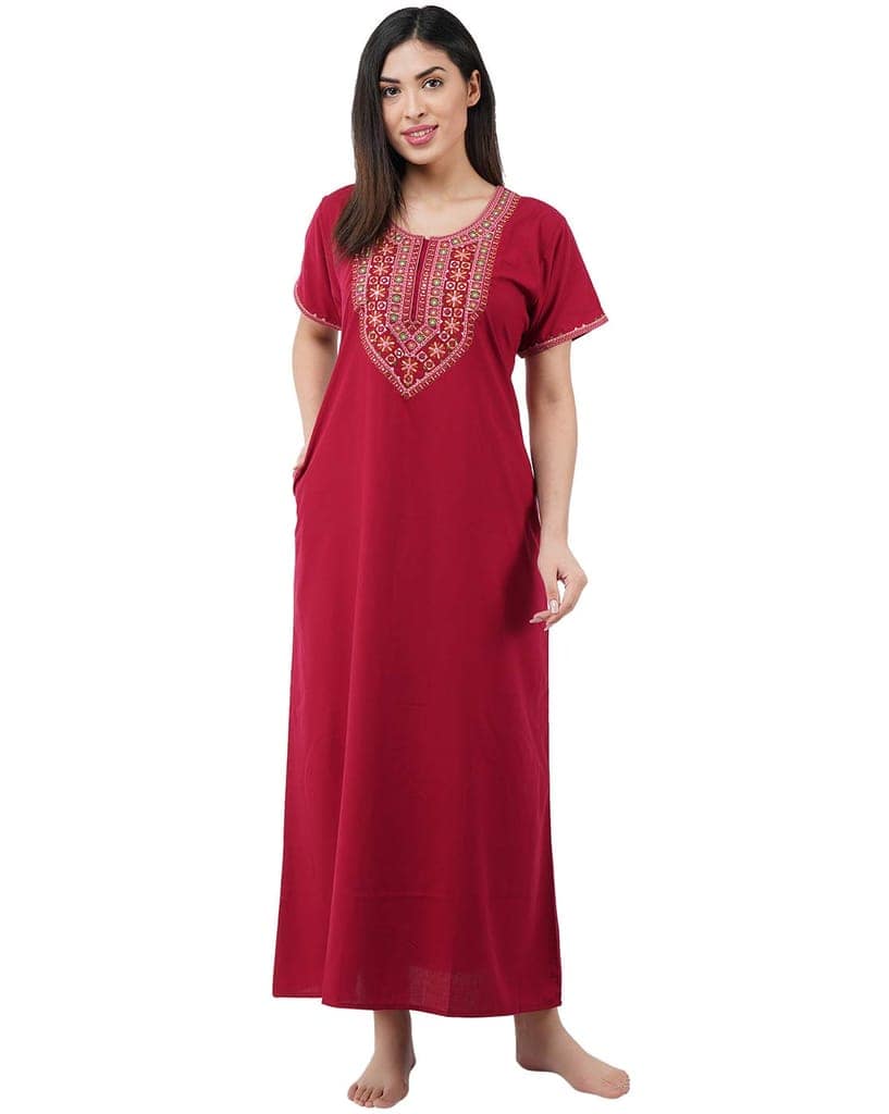 KOI SLEEPWEAR Premium Women Embroidery Night Gown Lizzybizzy with Mirror Work Cotton Nighty Maxi (X-Large, Maroon)�