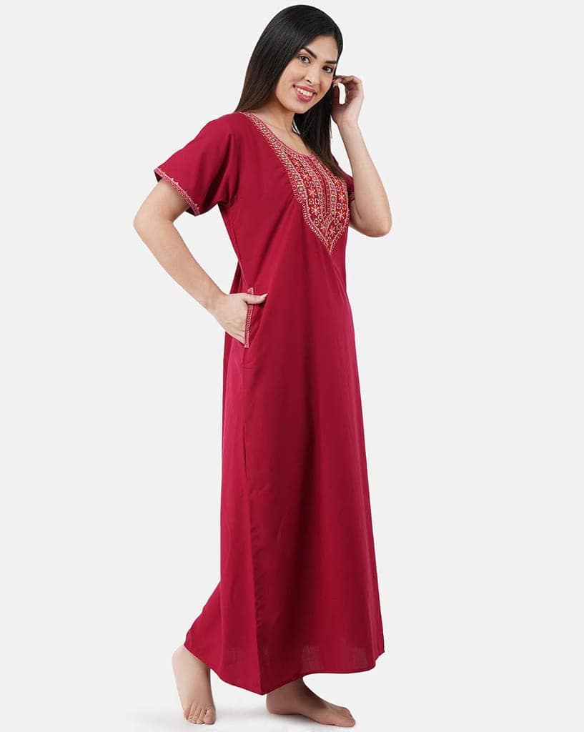 KOI SLEEPWEAR Premium Women Embroidery Night Gown Lizzybizzy with Mirror Work Cotton Nighty Maxi (X-Large, Maroon)� view 3