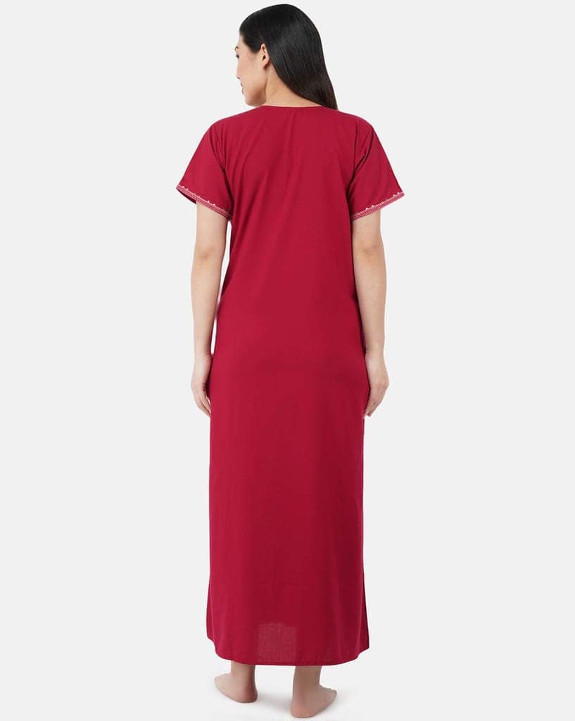 KOI SLEEPWEAR Premium Women Embroidery Night Gown Lizzybizzy with Mirror Work Cotton Nighty Maxi (X-Large, Maroon)� view 4