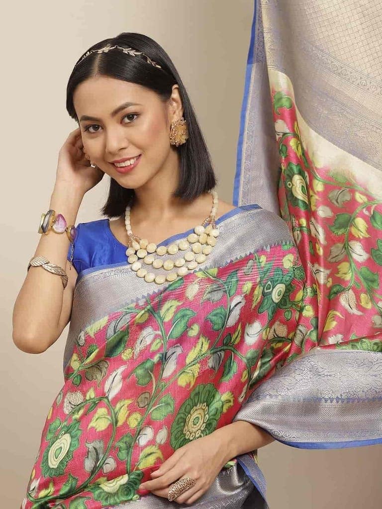 Women's Digital Printed Woven Silk Saree with unstiched blouse piece view 3
