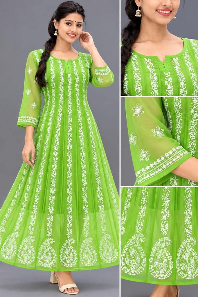 Mrs Right Women’s Lucknowi Chikankari Anarkali Kurta in Soft Georgette | Handcrafted Floral Embroidery | 3/4 Sleeves | 45 Inch Length | 74 Inch Flare | Festive Ethnic Wear view 2