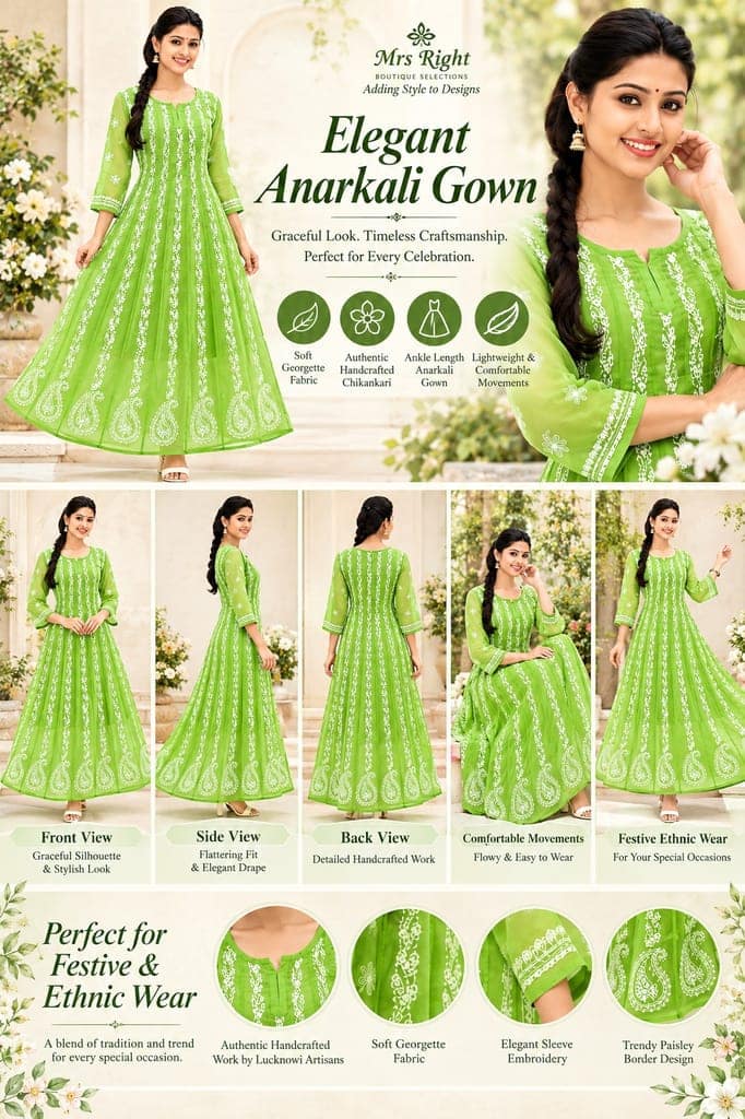 Mrs Right Women’s Lucknowi Chikankari Anarkali Kurta in Soft Georgette | Handcrafted Floral Embroidery | 3/4 Sleeves | 45 Inch Length | 74 Inch Flare | Festive Ethnic Wear view 6