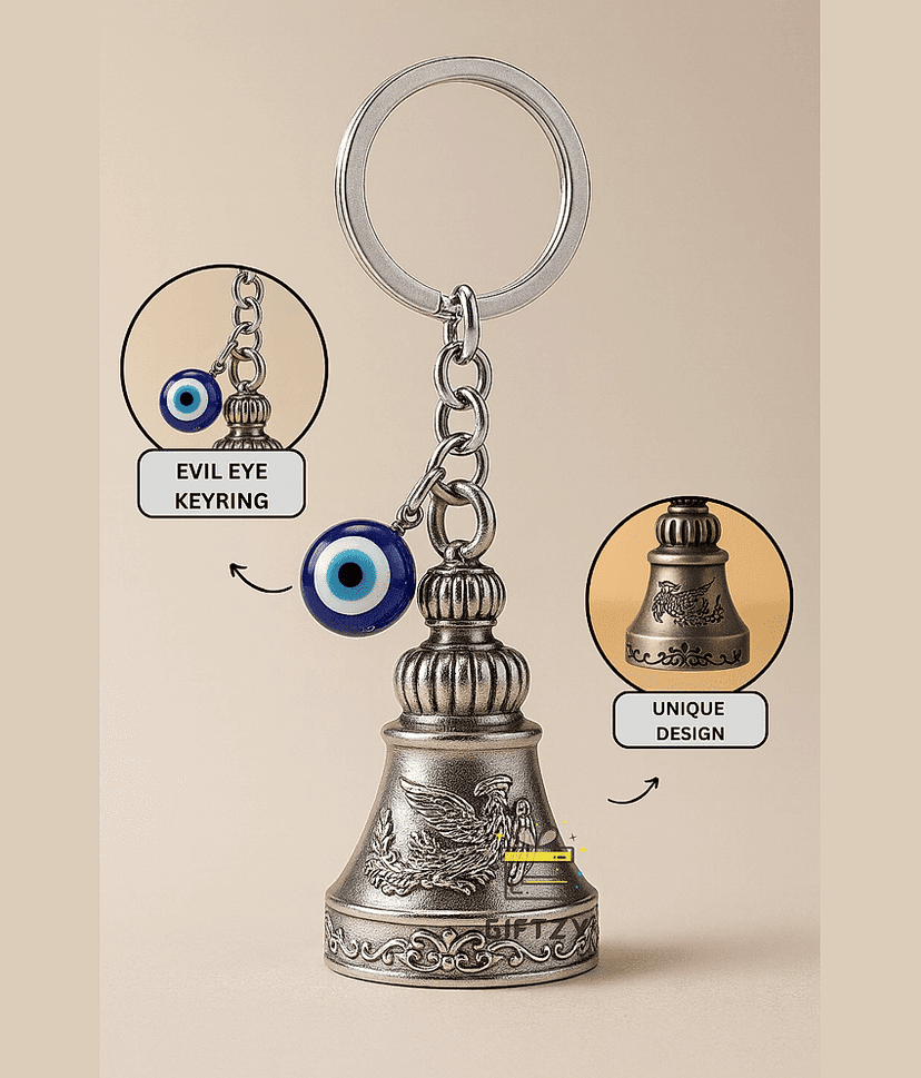 Guardian Bell Keychain with Evil Eye Silver Finish Protection Bell, Lucky Spiritual Ghanti Keyring for Riders, Bike Keychain for Men & Women, Car Keys, Home Keys & Gifting Accessory view 2