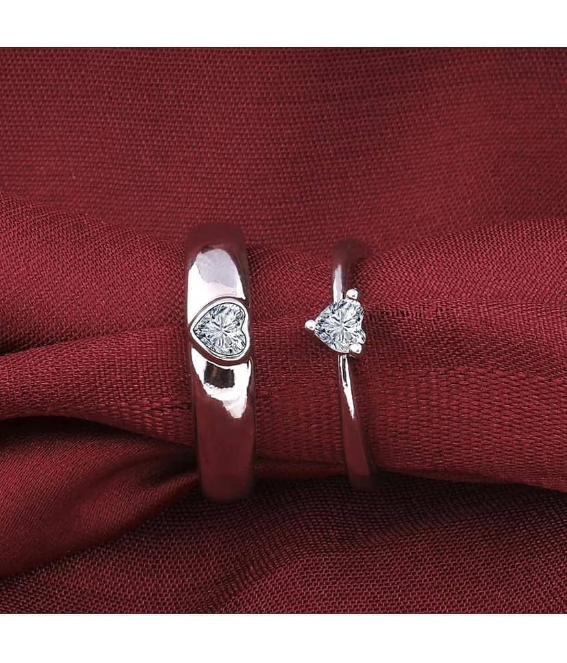 Speical For Couple Ring Valentines Adjustable Diamond Heart Shape Lover Ring Set Silver Plated Couple Ring Women And Men view 2