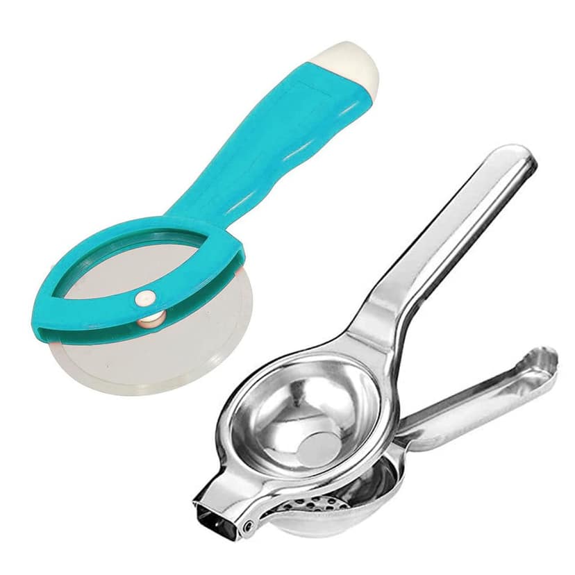 GLOBAL IMPEX Stainless Steel Lemon Squeezer with Bottle Opener and Pizza Cutter with Plastic Handle Combo Set Comfortable Handle Kitchen Combo