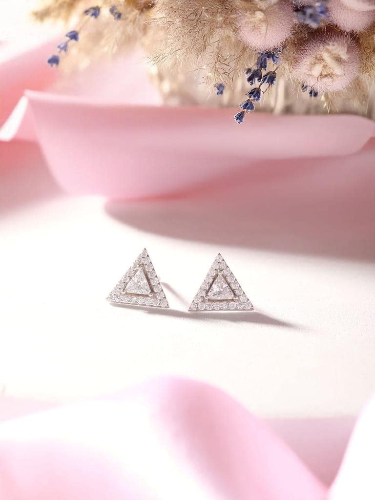 925 Sterling Silver Zircon Studded Pyramid Shaped Halo Solitaire Minimal Studds Earrings view 3