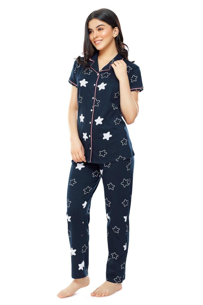 ZEYO Women's Cotton Navy Blue & Green Star Printed Stylish Night suit set view 4