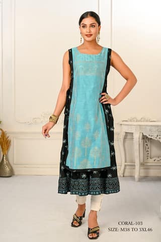 Women's 2 Layered Inner Cotton And Outward Jacket Chanderi Printed Kurti Red & Purple