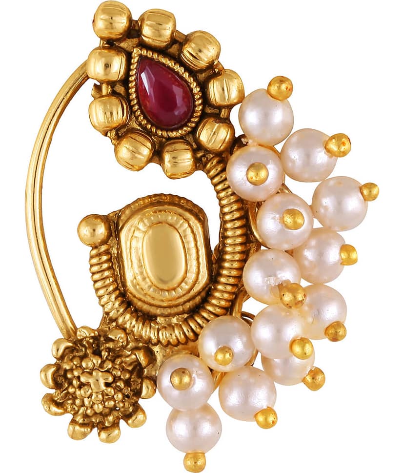 Vivastri Premium Gold Plated Nath Collection With Beautiful & Luxurious Red Diamond Pearl Studded Maharashtraian Nath For Women & Girls-VIVA1166NTH-Press