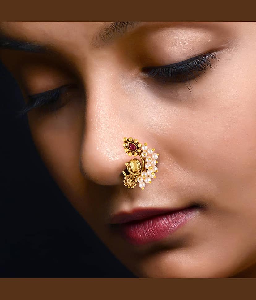 Vivastri Premium Gold Plated Nath Collection With Beautiful & Luxurious Red Diamond Pearl Studded Maharashtraian Nath For Women & Girls-VIVA1166NTH-Press view 2