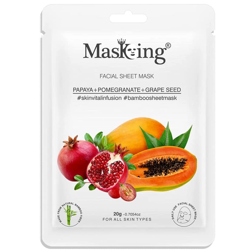 MasKing Bamboo Facial Sheet Mask of Papaya, Pomegranate & Grape Seed for Skin Vital Infusion Ideal for Women & Men, 20ml each (Pack of 5) view 2