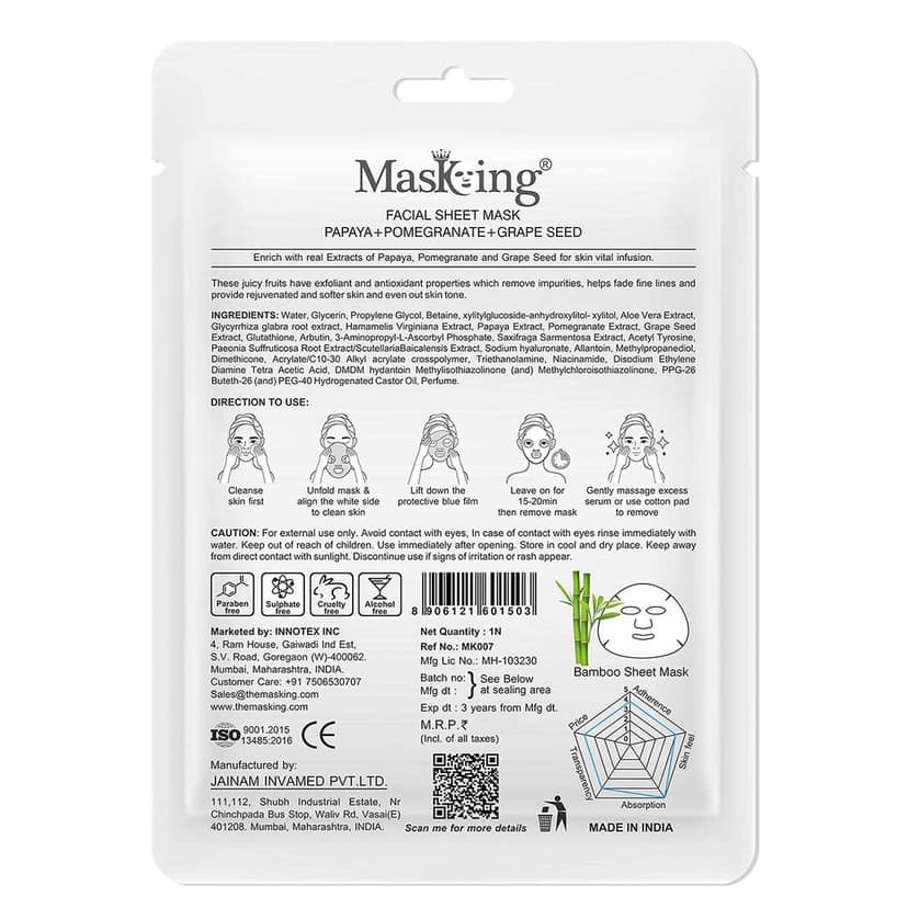 MasKing Bamboo Facial Sheet Mask of Papaya, Pomegranate & Grape Seed for Skin Vital Infusion Ideal for Women & Men, 20ml each (Pack of 5) view 3