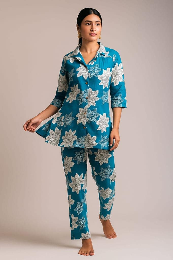 PickCell Printed Delta Fabric Coord Set for Women | Blue view 3