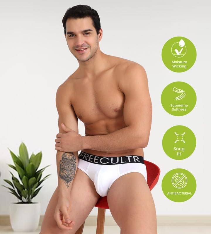 FREECULTR Men's Underwear Organic Cotton (Ultrasoft Waistband) Premium Snug-Fit Brief Pack of 2-Black,White view 2