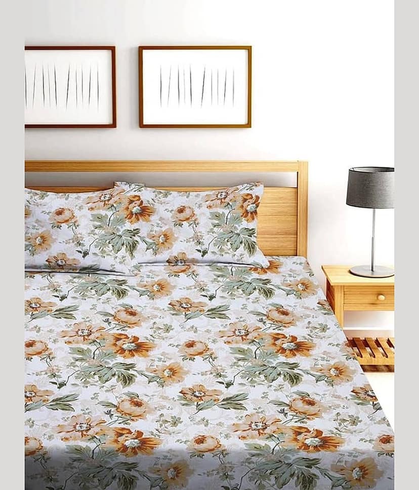 SHOMES Cotton Floral Fitted 1 Bedsheet with 2 Pillow Covers ( Double Bed ) - Cream view 2