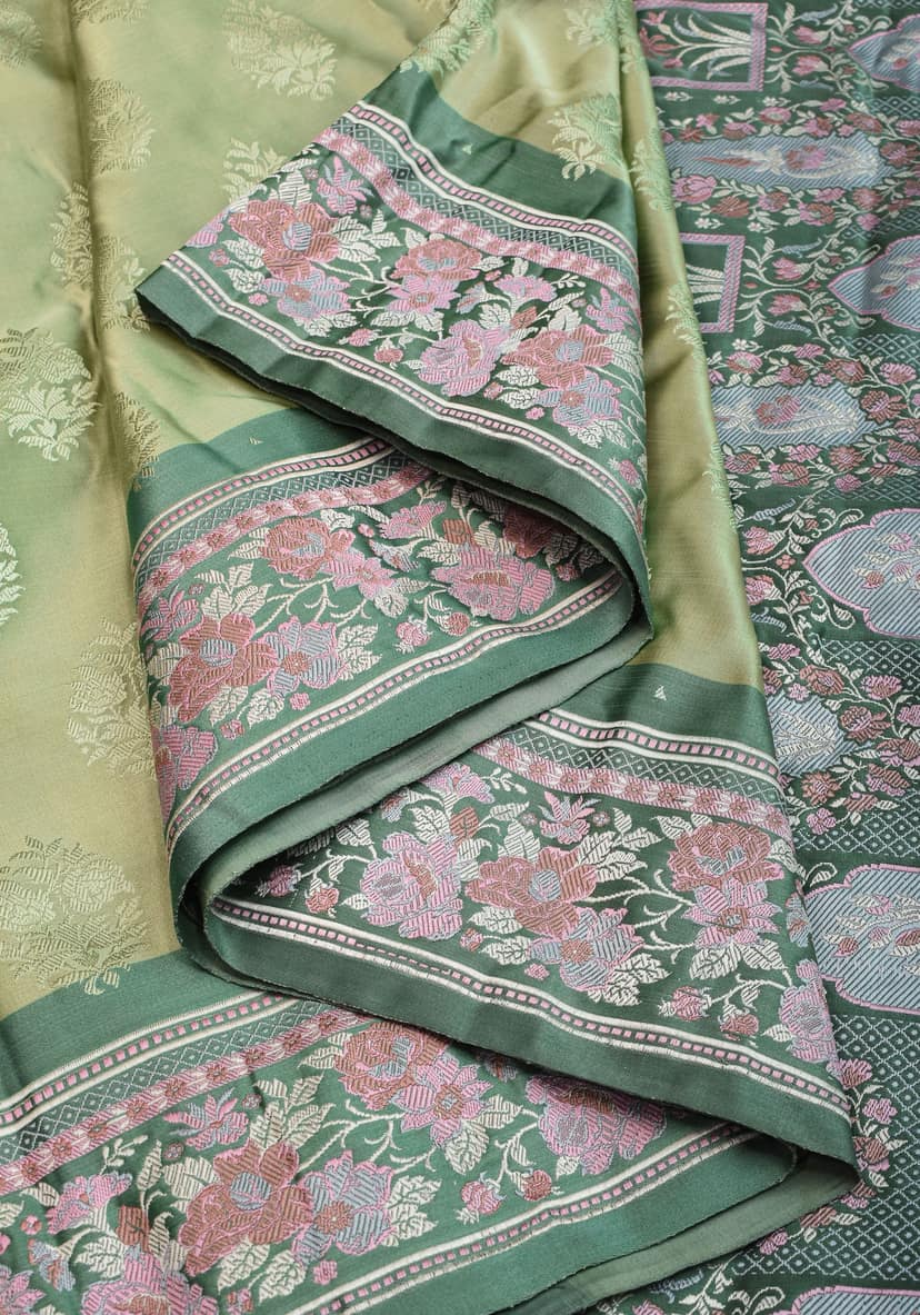Pure Banarasi Satin Silk Saree with Meenakari Motifs in shades of Green| SILK MARK CERTIFIED view 2