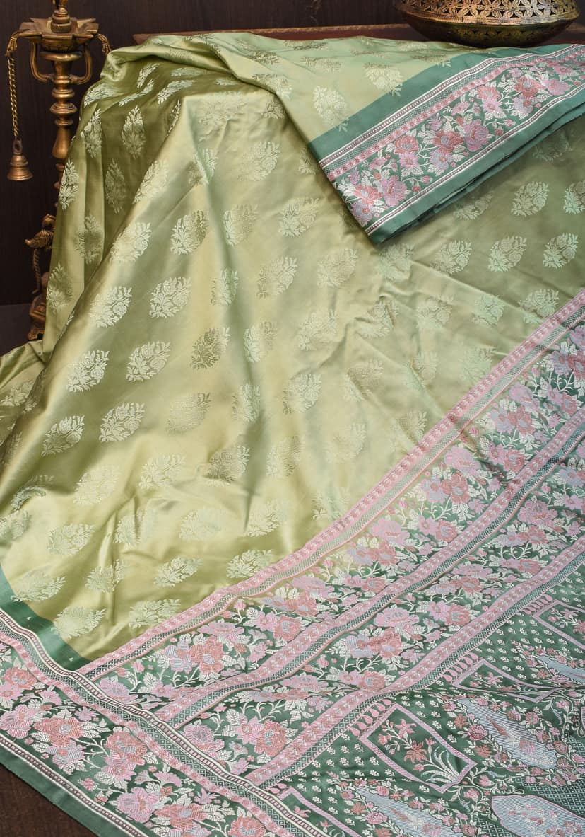 Pure Banarasi Satin Silk Saree with Meenakari Motifs in shades of Green| SILK MARK CERTIFIED view 3
