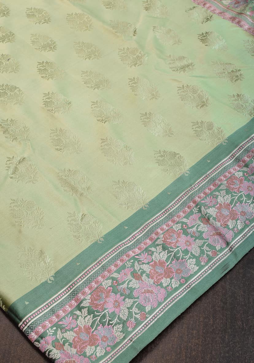 Pure Banarasi Satin Silk Saree with Meenakari Motifs in shades of Green| SILK MARK CERTIFIED view 4