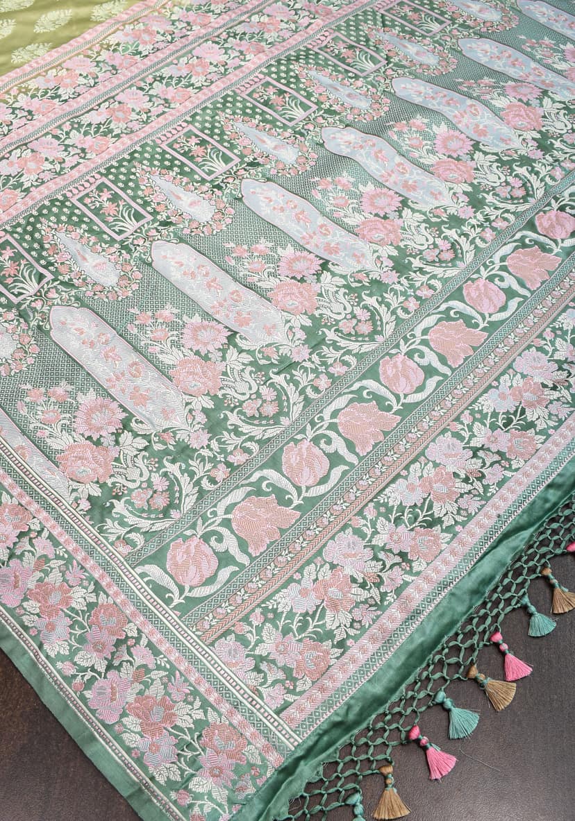 Pure Banarasi Satin Silk Saree with Meenakari Motifs in shades of Green| SILK MARK CERTIFIED view 6