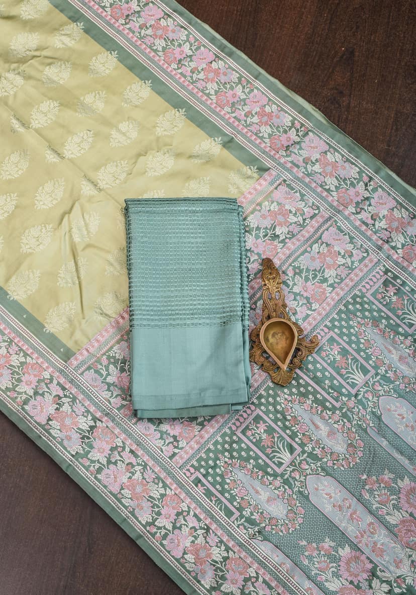 Pure Banarasi Satin Silk Saree with Meenakari Motifs in shades of Green| SILK MARK CERTIFIED view 8