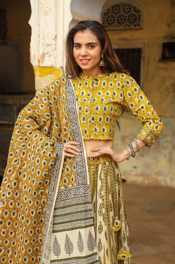 Handblock Printed Cotton Lehanga And Top With Mulmul Dupatta (Size: 34-46) Yellow Color-7540 view 2