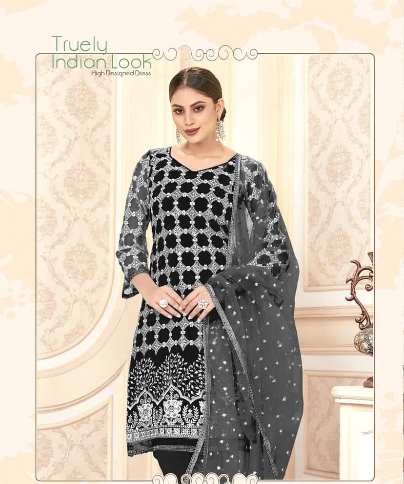 Black Women Net Heavy Embroidery Work Semi Stitch Dress Material. view 3